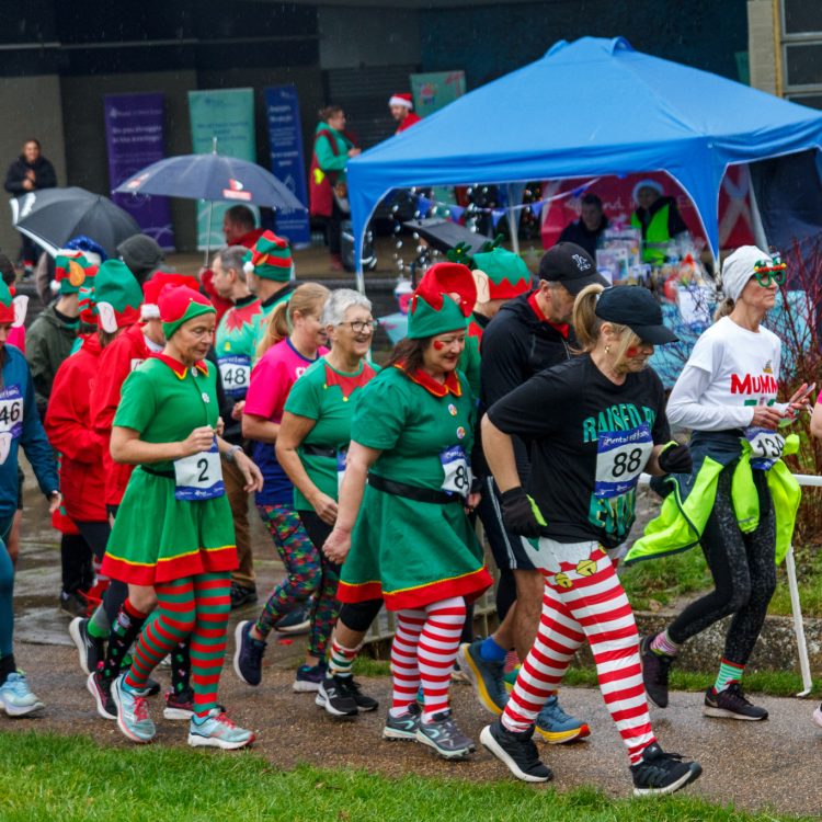 Group of people dressed as elves running
